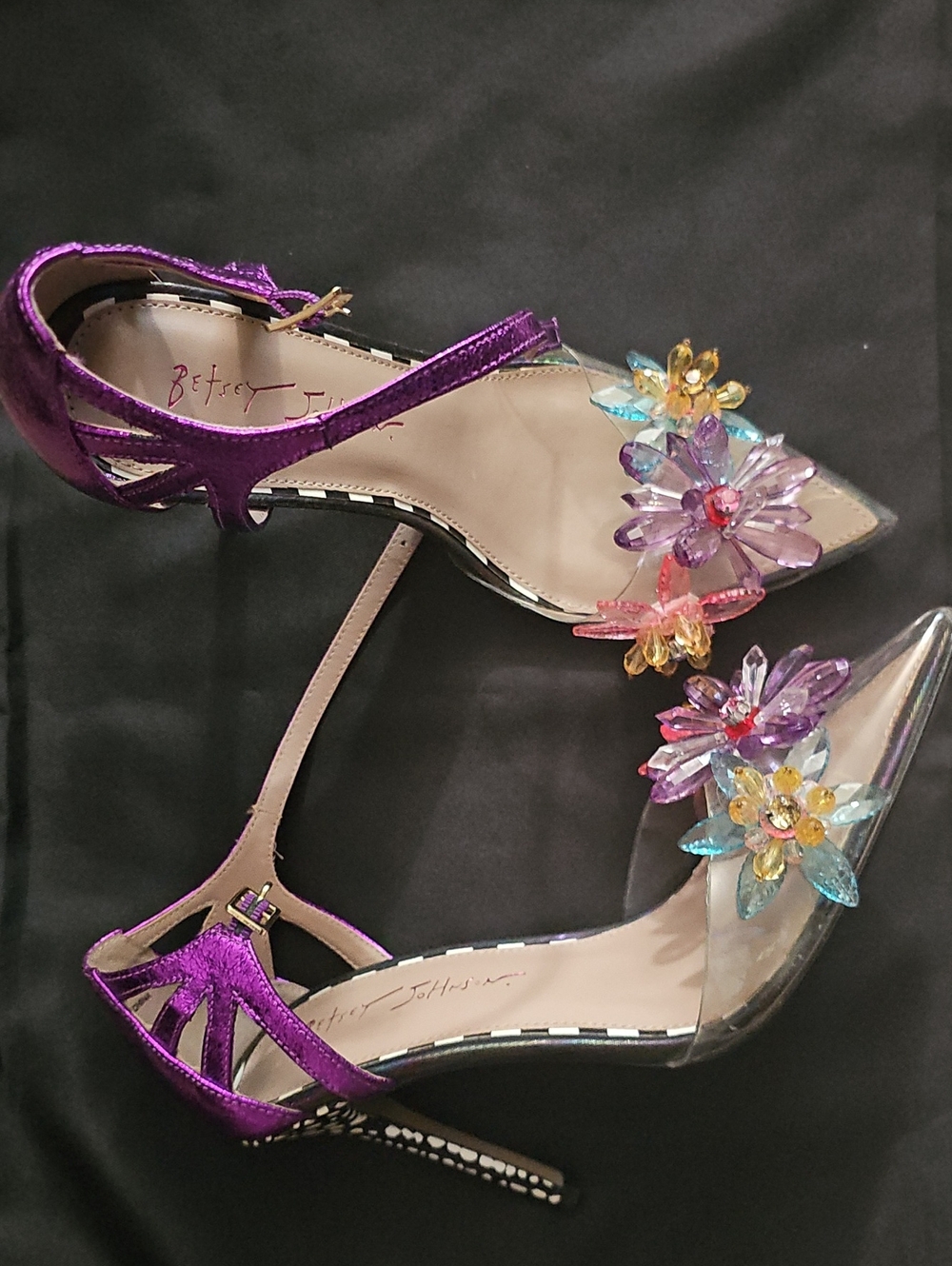 Betsey Johnson Metallic Purple Floral Crystal Stiletto Heels